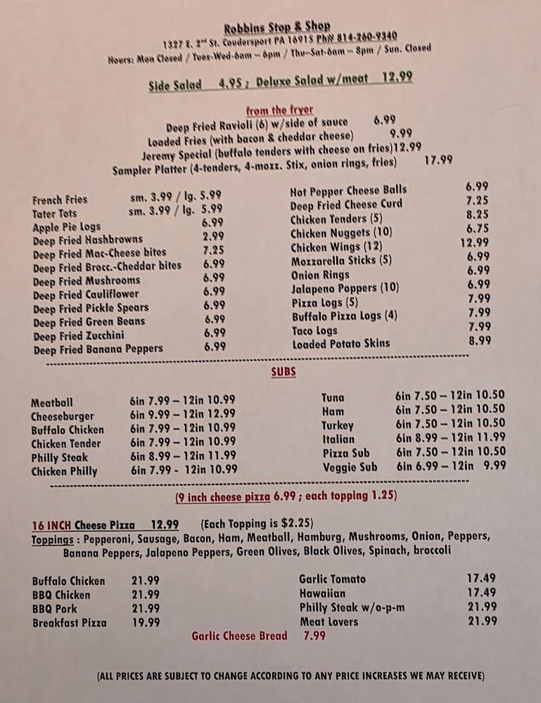 Robbin's Stop and Shop Menu image 1