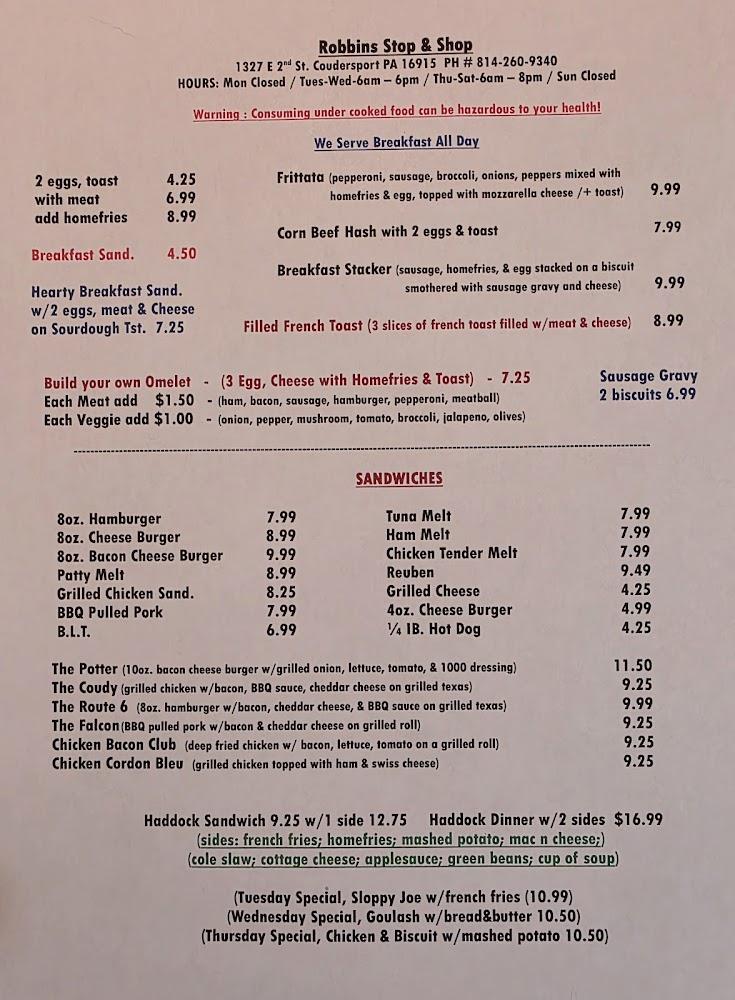 Robbin's Stop and Shop Menu image 2